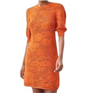 Anthropologie Maeve Pointelle Knit 3/4 Sleeve Dress SZ XS Spicy Orange